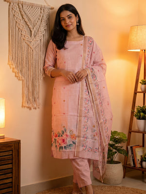 Elegant Floral Printed Pink Linen Dress Material Set - Image 1