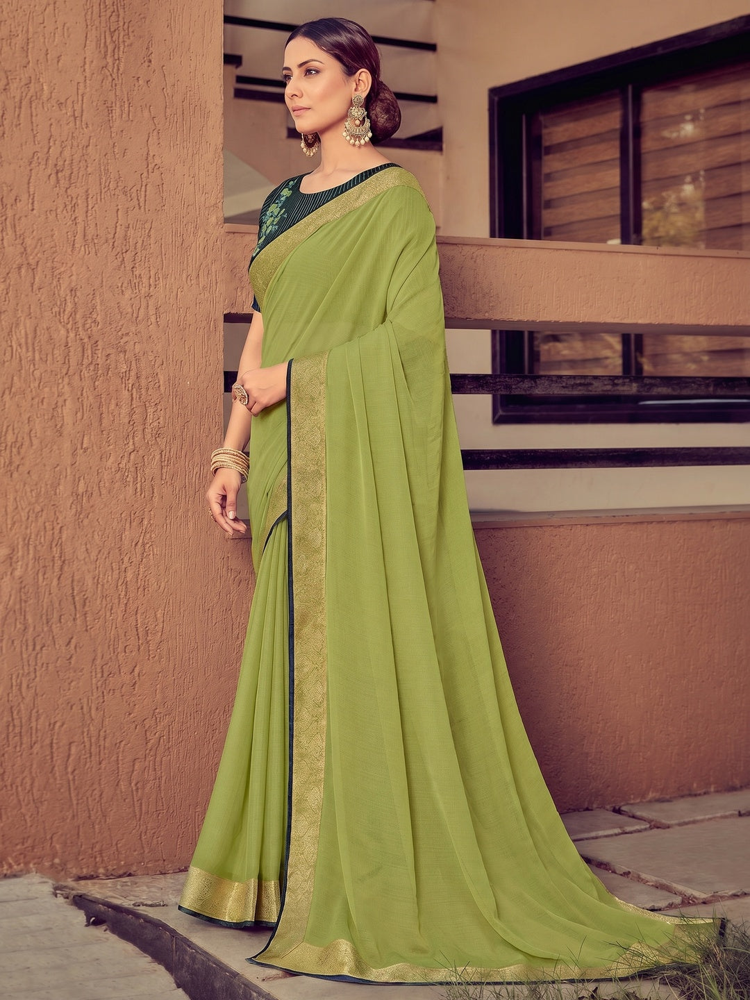 Mehendi Green Festive Wear Solid Chiffon Saree With Border - Image 1
