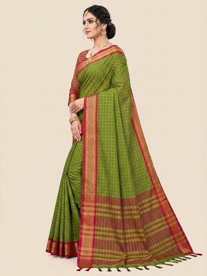 Mehndi Green Festive Wear Checks With Woven Border Cotton Silk Saree - Image 2