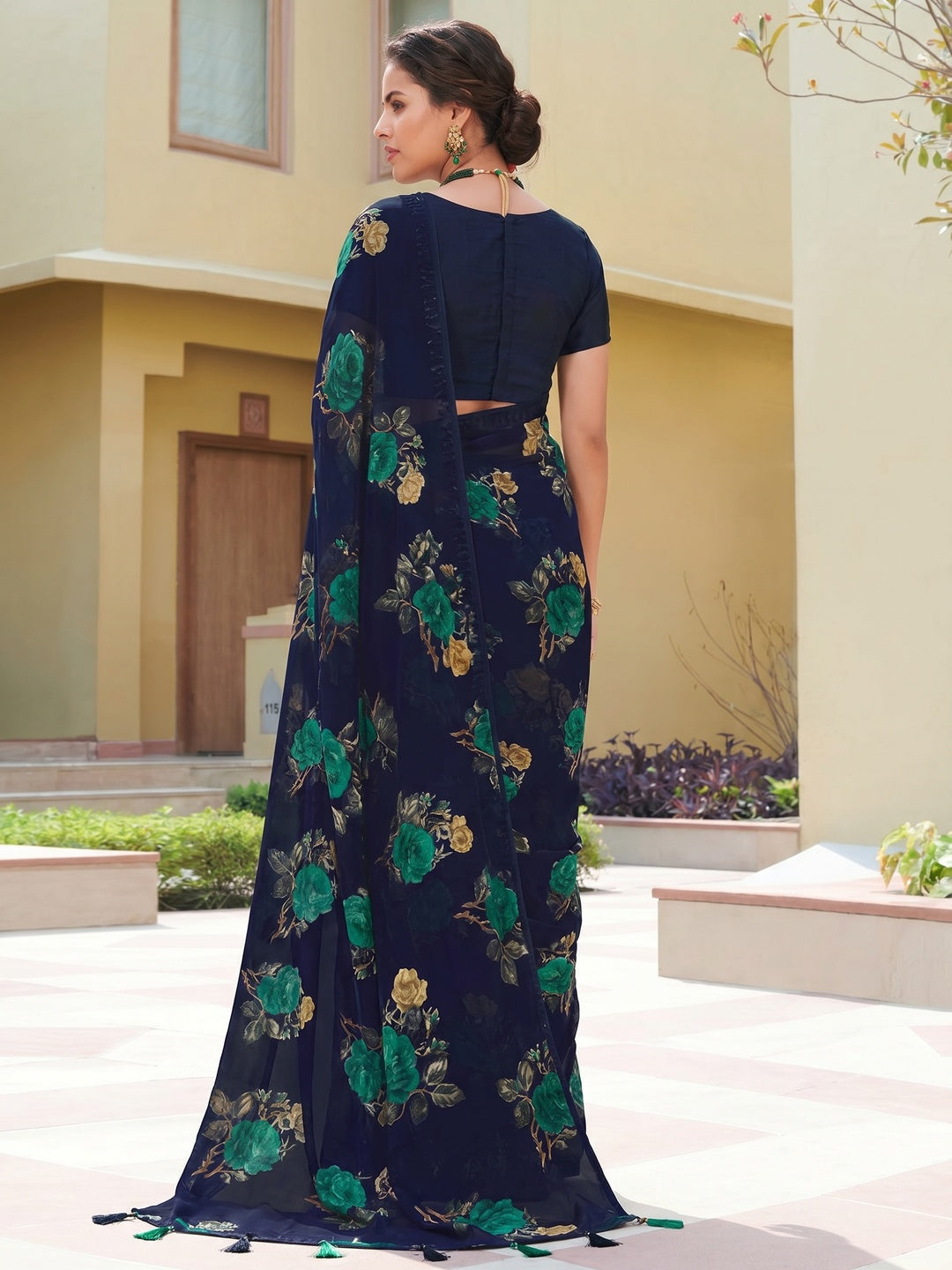 Navy Blue Festive Wear Printed Brasso Saree - Image 1