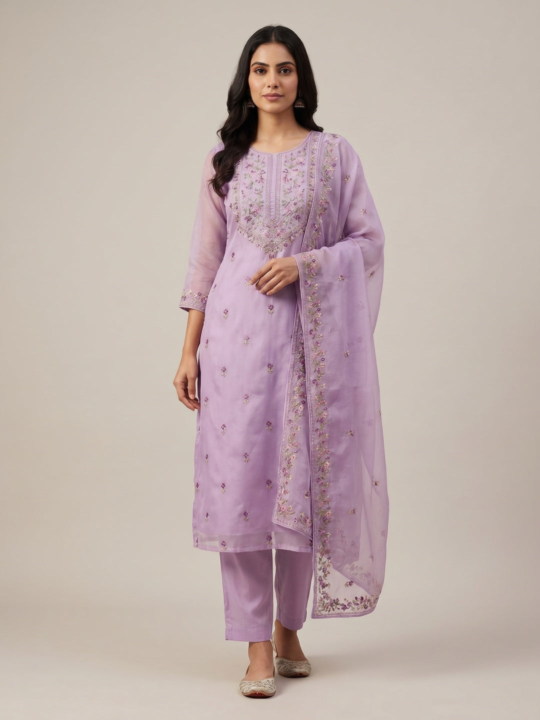 Lavender Festive Wear Floral Embroidered Organza Dress Material - Image 1