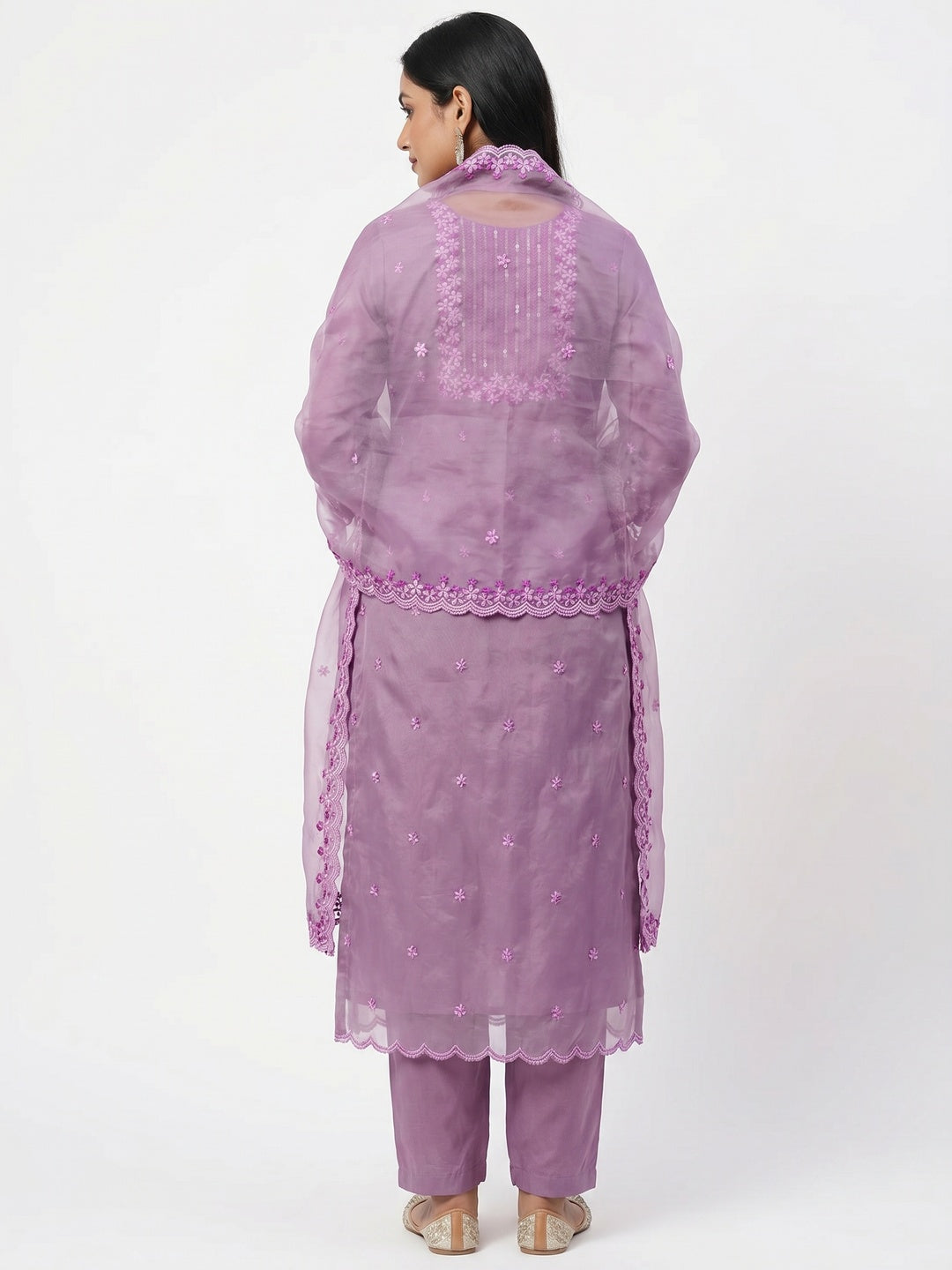Lavender Festive Wear Floral Embroidered Organza Dress Material - Image 2