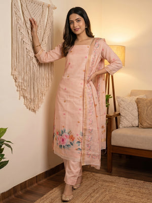 Elegant Floral Printed Peach Linen Dress Material Set - Image 1