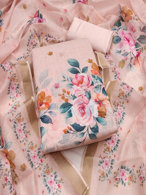 Elegant Floral Printed Peach Linen Dress Material Set - Image 2
