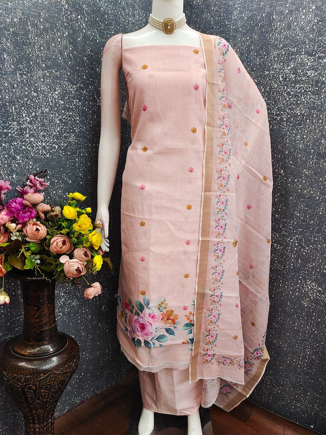 Elegant Floral Printed Peach Linen Dress Material Set - Image 3