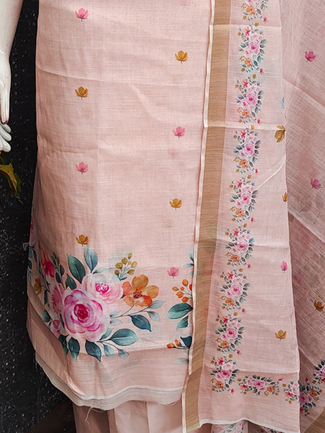 Elegant Floral Printed Peach Linen Dress Material Set - Image 4
