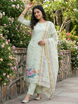 Elegant Floral Printed Mint Green Linen Dress Material Set - Image 1