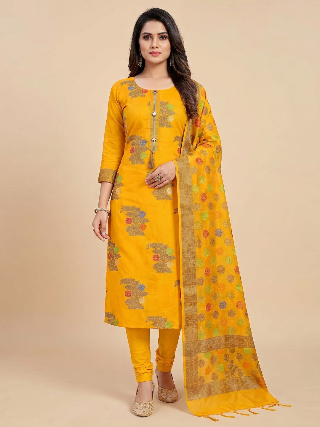 Yellow Floral Woven Banarasi Silk Dress Material - Image 1