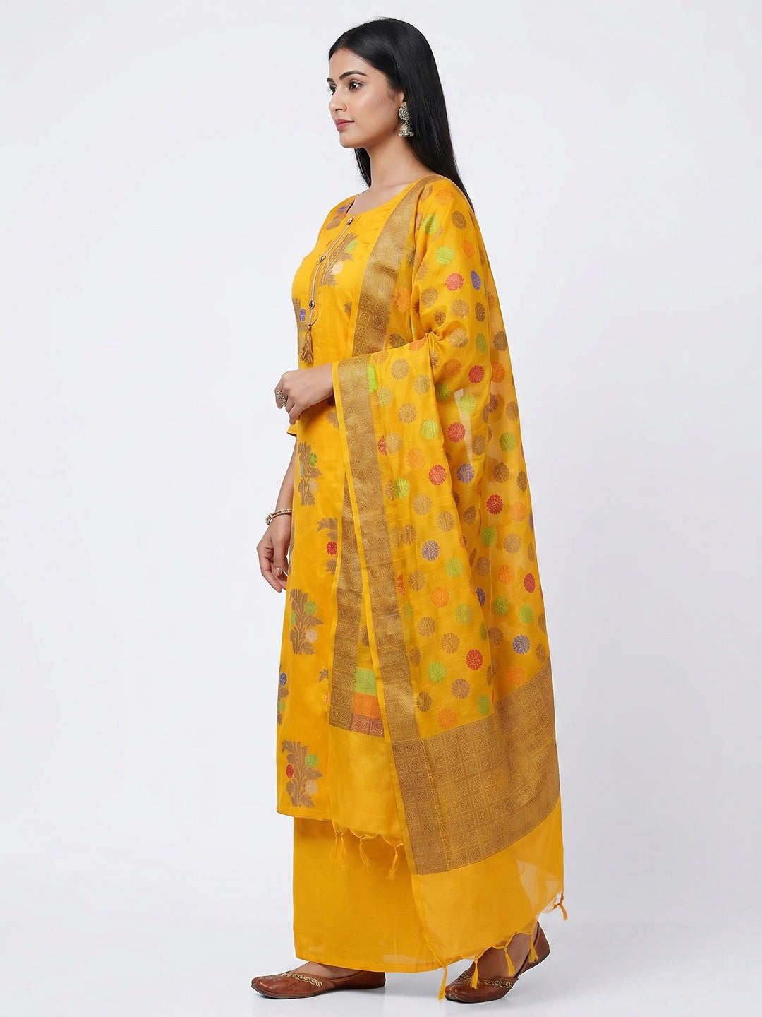 Yellow Floral Woven Banarasi Silk Dress Material - Image 3