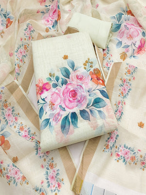 Elegant Floral Printed Mint Green Linen Dress Material Set - Image 1