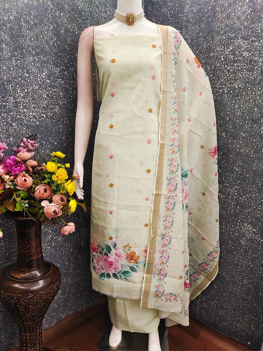 Elegant Floral Printed Mint Green Linen Dress Material Set - Image 3