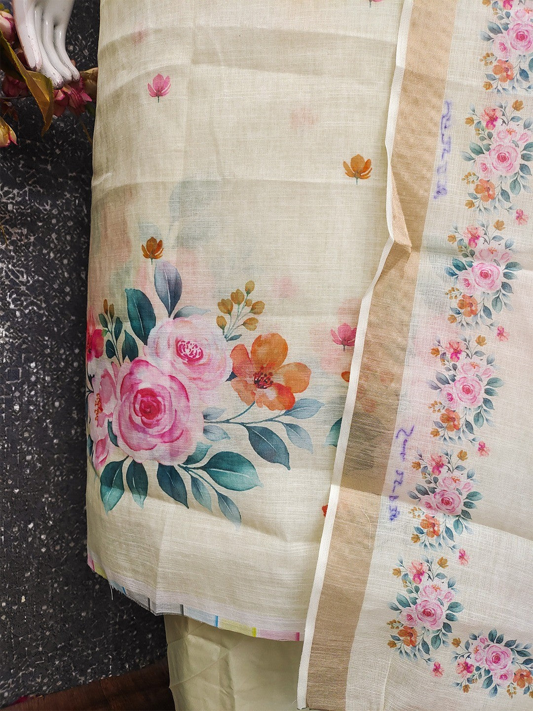 Elegant Floral Printed Mint Green Linen Dress Material Set - Image 4