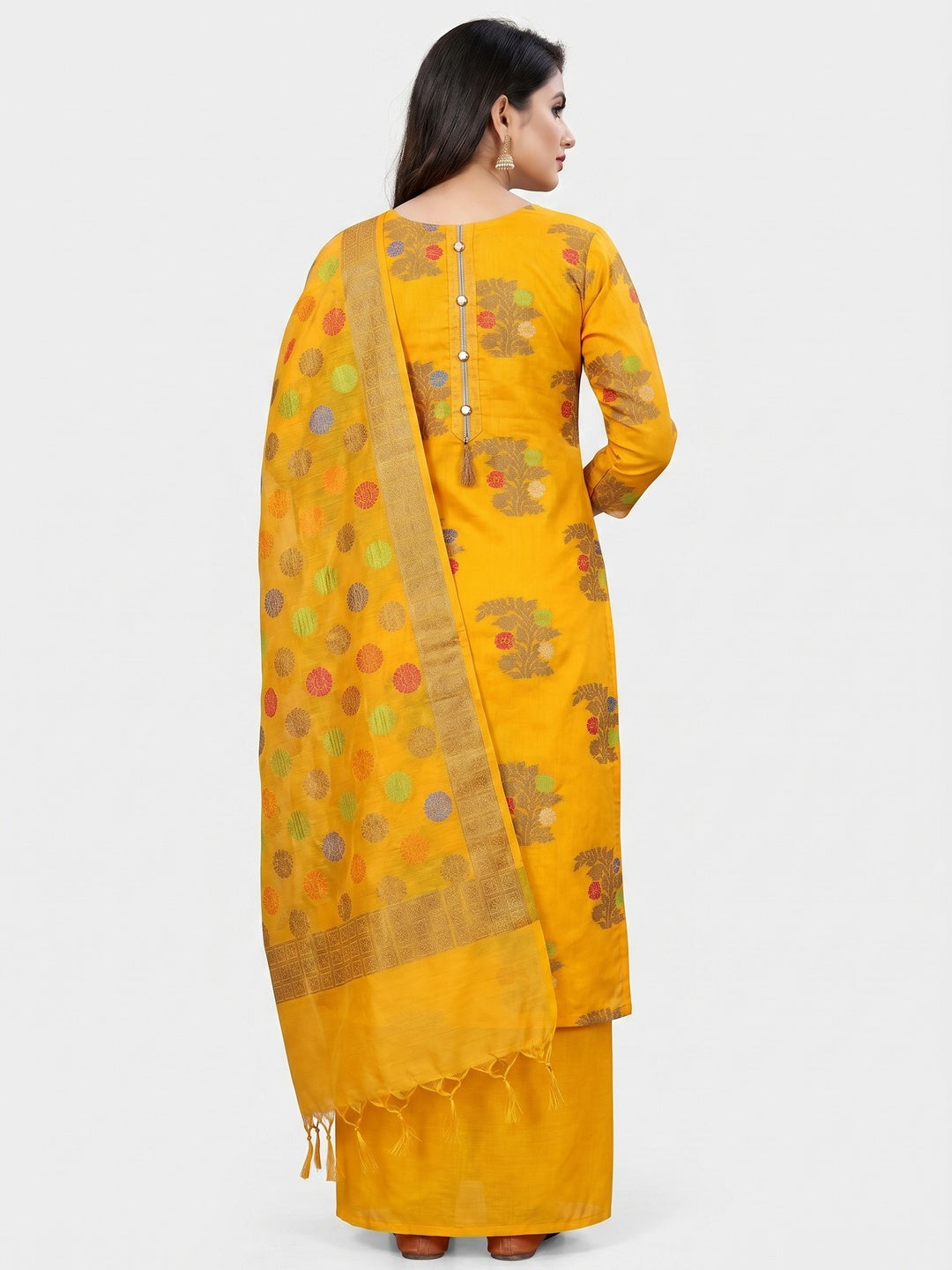 Yellow Floral Woven Banarasi Silk Dress Material - Image 2
