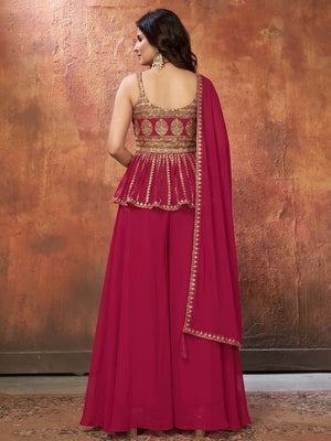 Rose Pink Party Wear Embroiddered Georgette Sharara Suit - Image 1