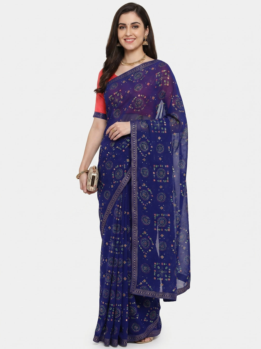 Navy blue Casual Wear Block Printed With Foil Work Georgette Saree - Image 1