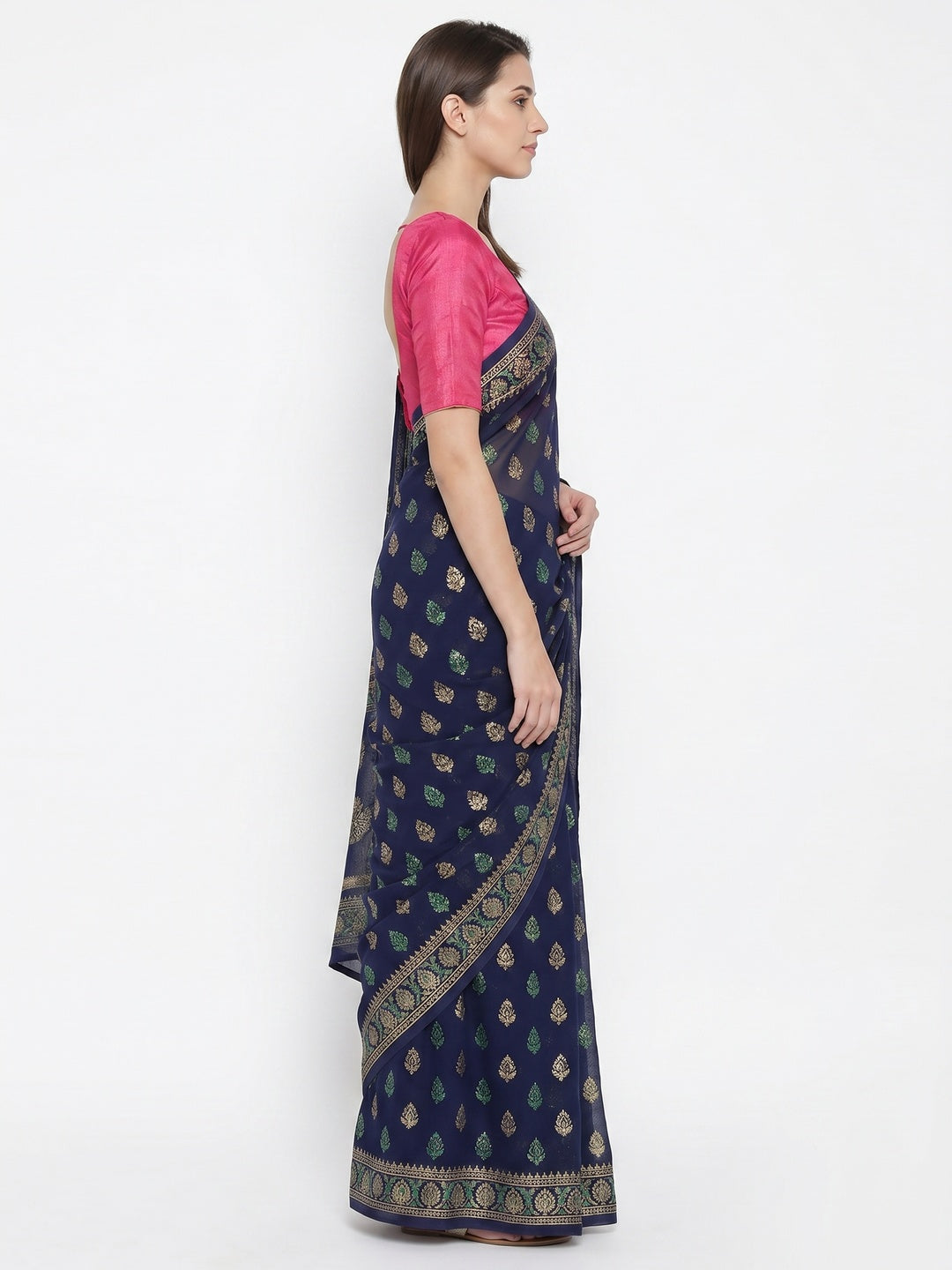 Navy blue Casual Wear Block Printed With Foil Work Georgette Saree - Image 2