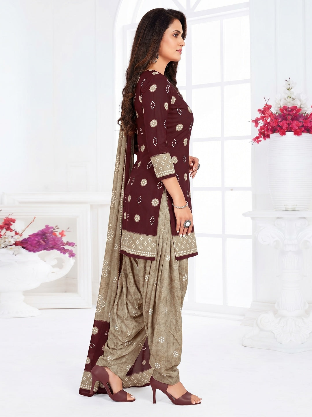 Maroon Casual Wear Printed Leon Patiala Dress Material - Image 1