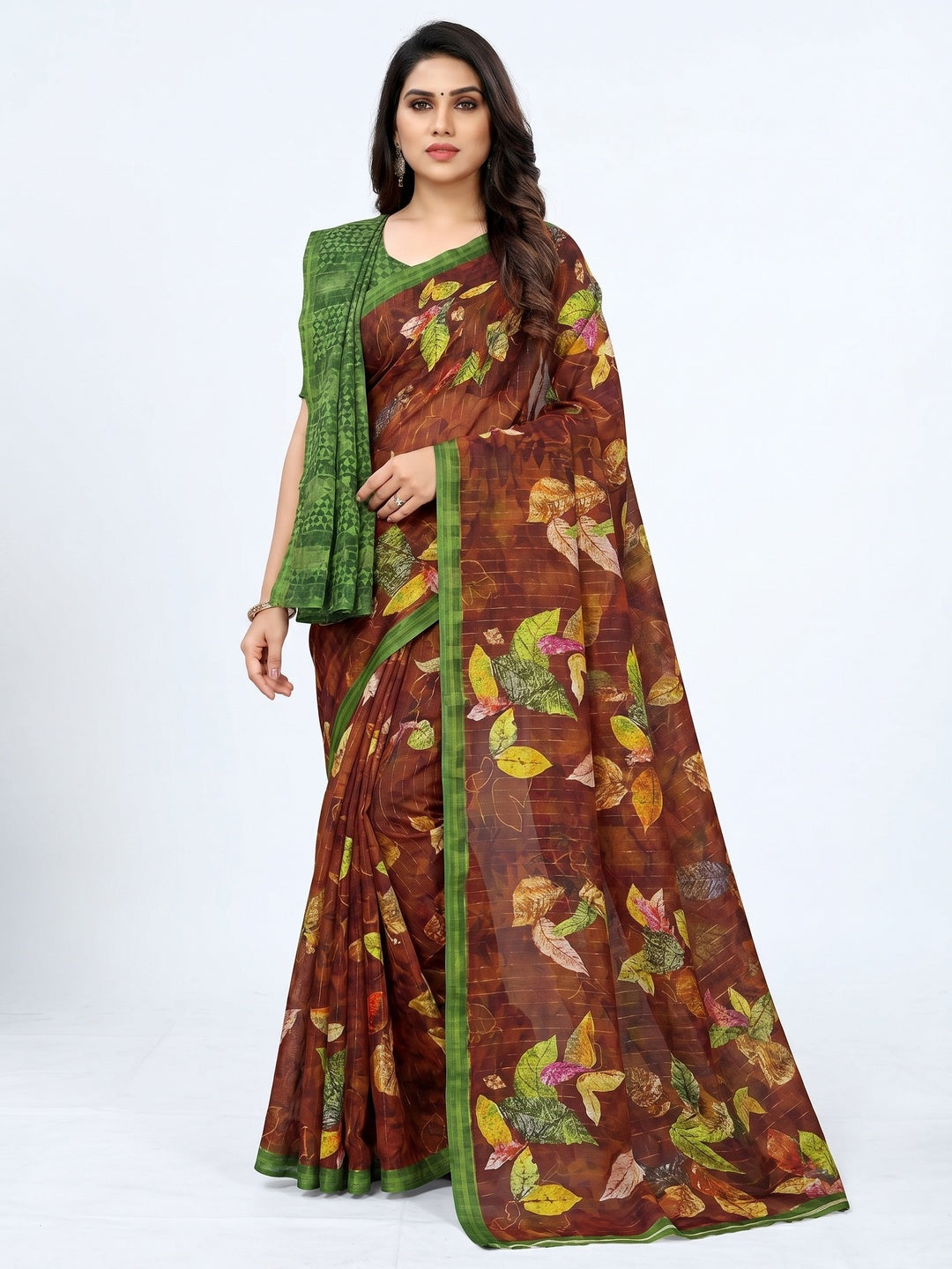 Brown Casual Wear Digital Printed Cotton Silk Saree - Image 1