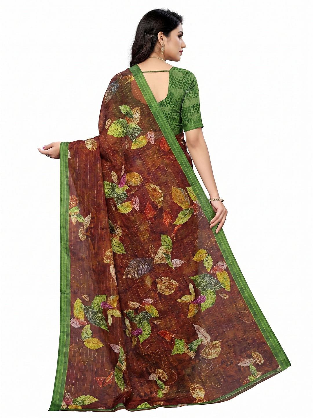 Brown Casual Wear Digital Printed Cotton Silk Saree - Image 3