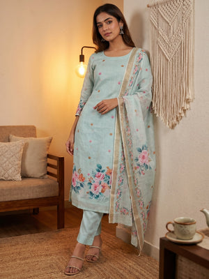Elegant Floral Printed Sea Green Linen Dress Material Set - Image 1