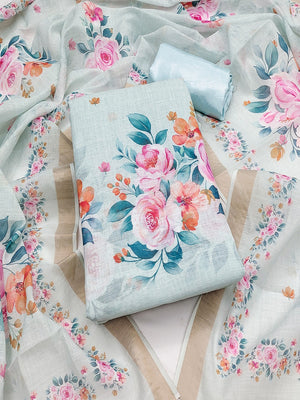 Elegant Floral Printed Sea Green Linen Dress Material Set - Image 2