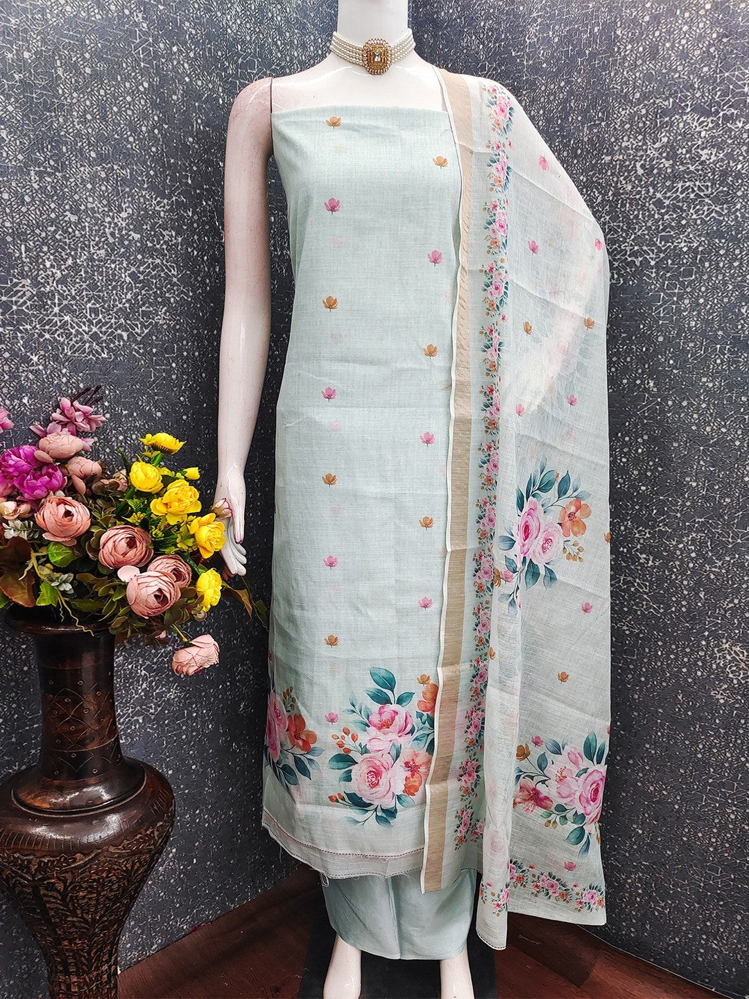 Elegant Floral Printed Sea Green Linen Dress Material Set - Image 3