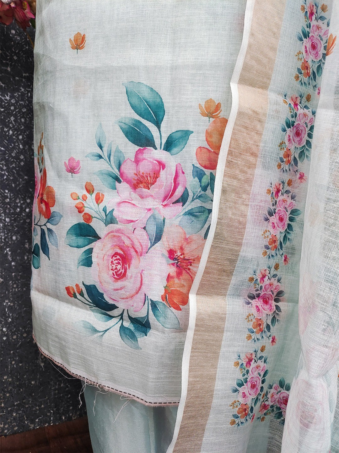 Elegant Floral Printed Sea Green Linen Dress Material Set - Image 4