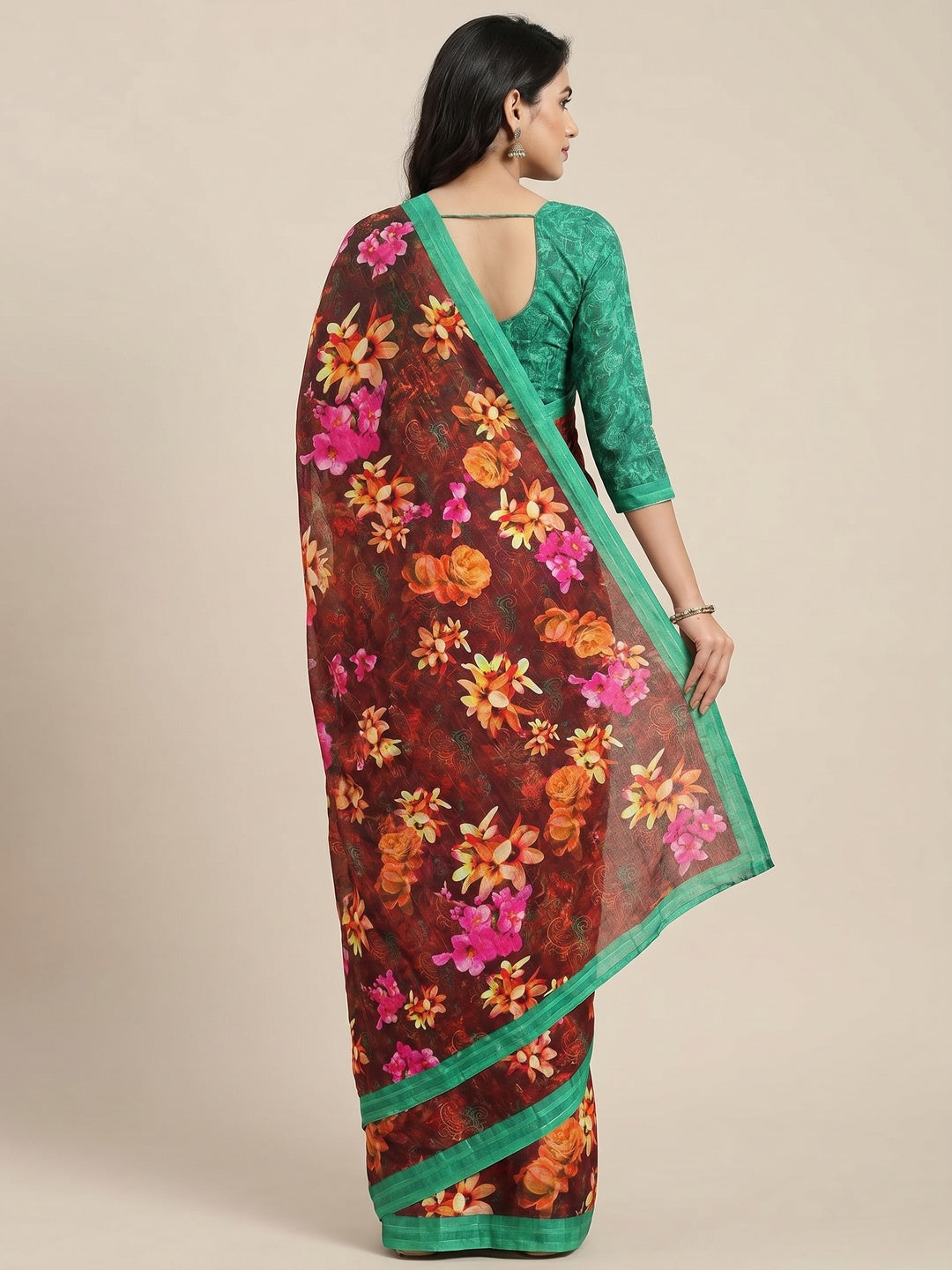 Maroon Casual Wear Digital Printed Cotton Silk Saree - Image 3