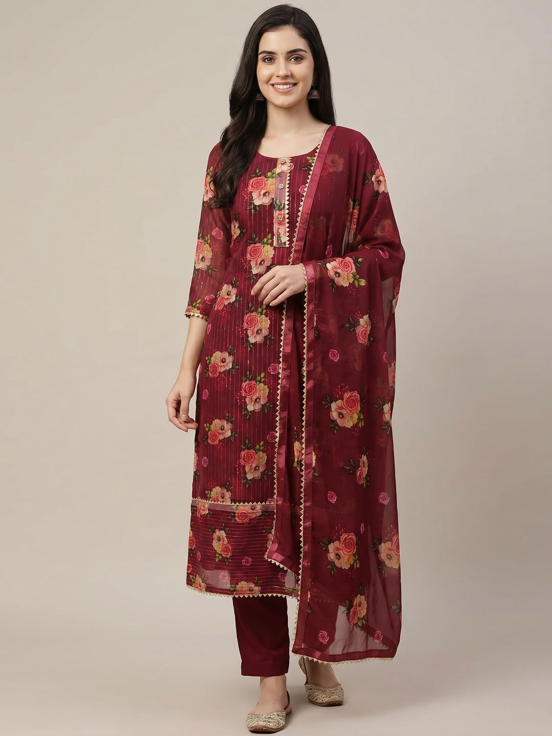 Wine Festive Wear Sequins Embroidered Georgette Dress Material - Image 1