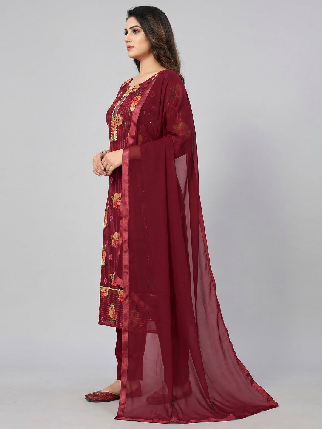 Wine Festive Wear Sequins Embroidered Georgette Dress Material - Image 2