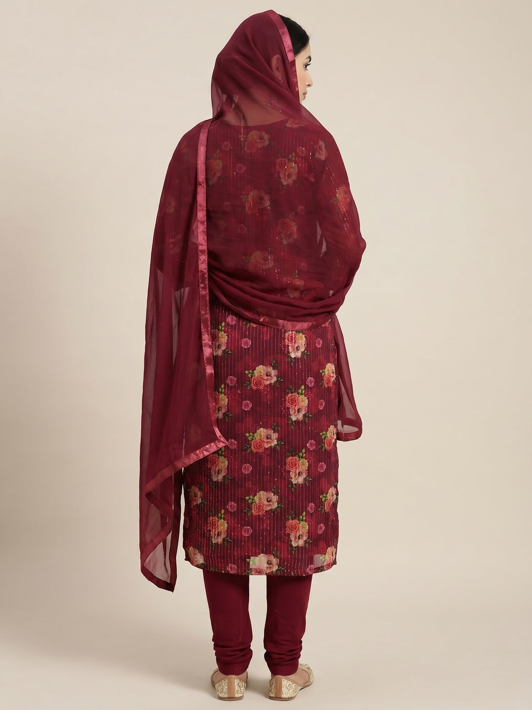 Wine Festive Wear Sequins Embroidered Georgette Dress Material - Image 3