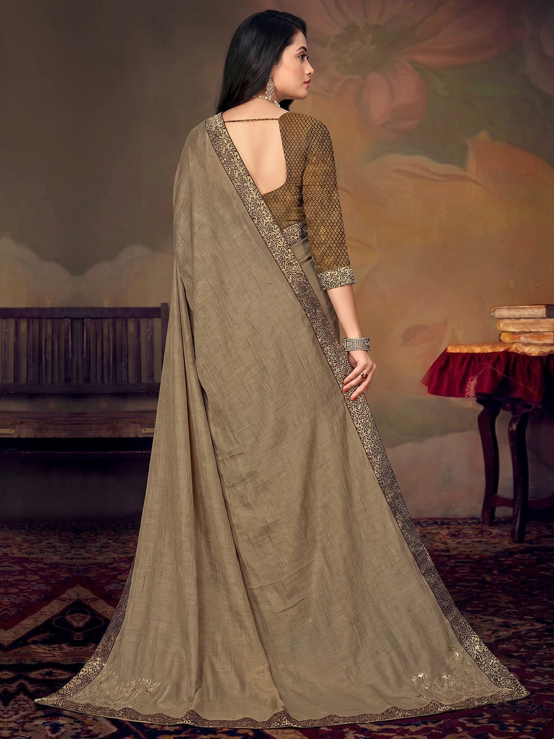 Brown Festive Wear Lace Work Silk Saree - Image 2