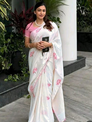 Elegant White Floral Printed Linen Saree with Delicate Lace Border - Image 1