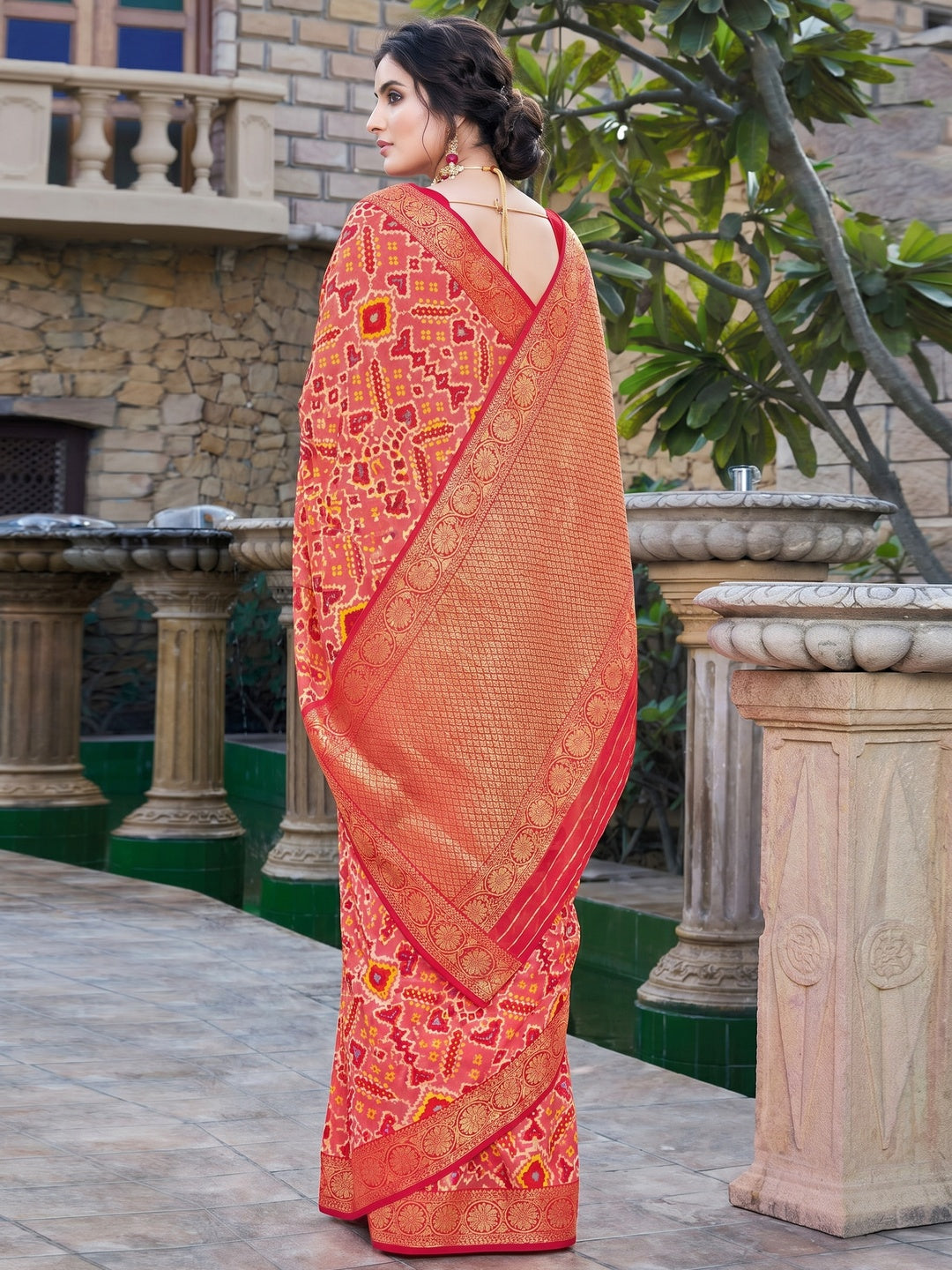 Peach Festive Wear Printed Chiffon Saree - Image 1