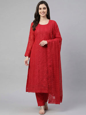 Red Festive Wear Lucknowi Embroidered Georgette Suit - Image 1