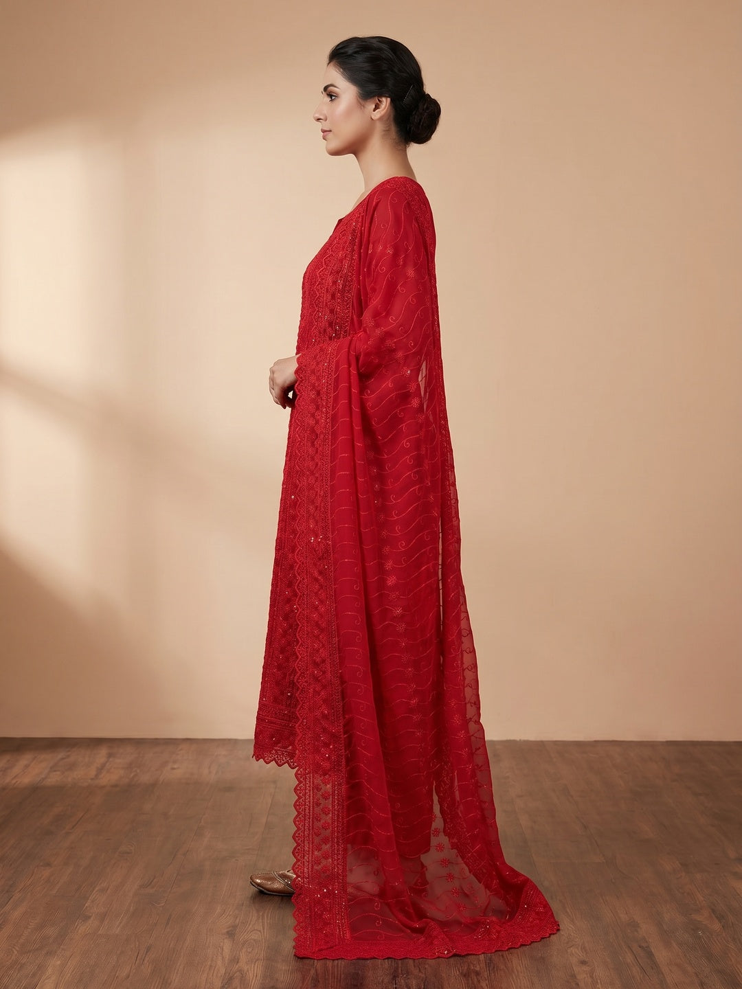 Red Festive Wear Lucknowi Embroidered Georgette Suit - Image 2