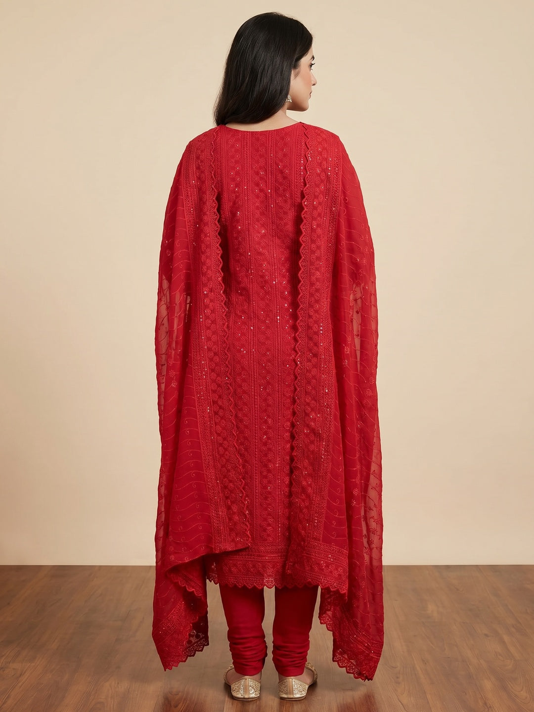 Red Festive Wear Lucknowi Embroidered Georgette Suit - Image 3