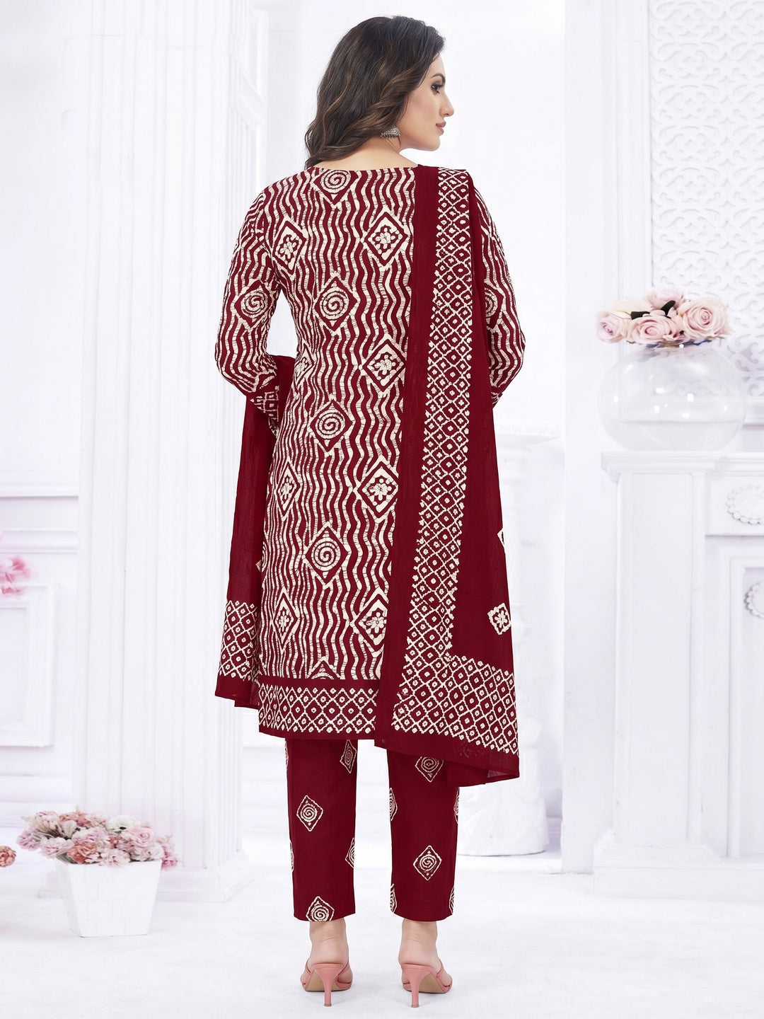 Maroon Casual Wear Printed Cotton Dress Material - Image 1