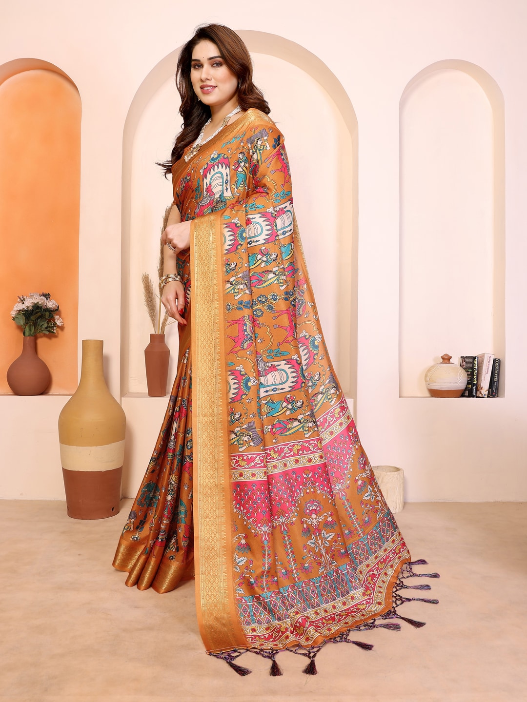 Peachmode Mustard Cotton Silk Kalamkari Print Saree with Zari Border - Image 2