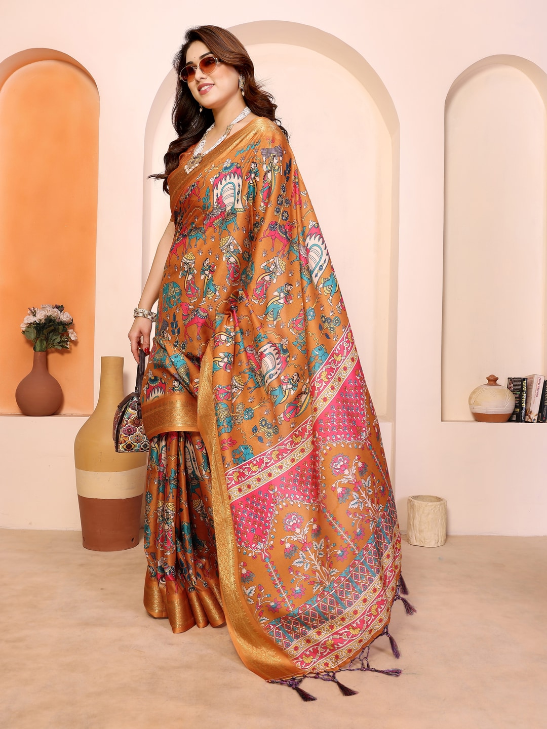 Peachmode Mustard Cotton Silk Kalamkari Print Saree with Zari Border - Image 3