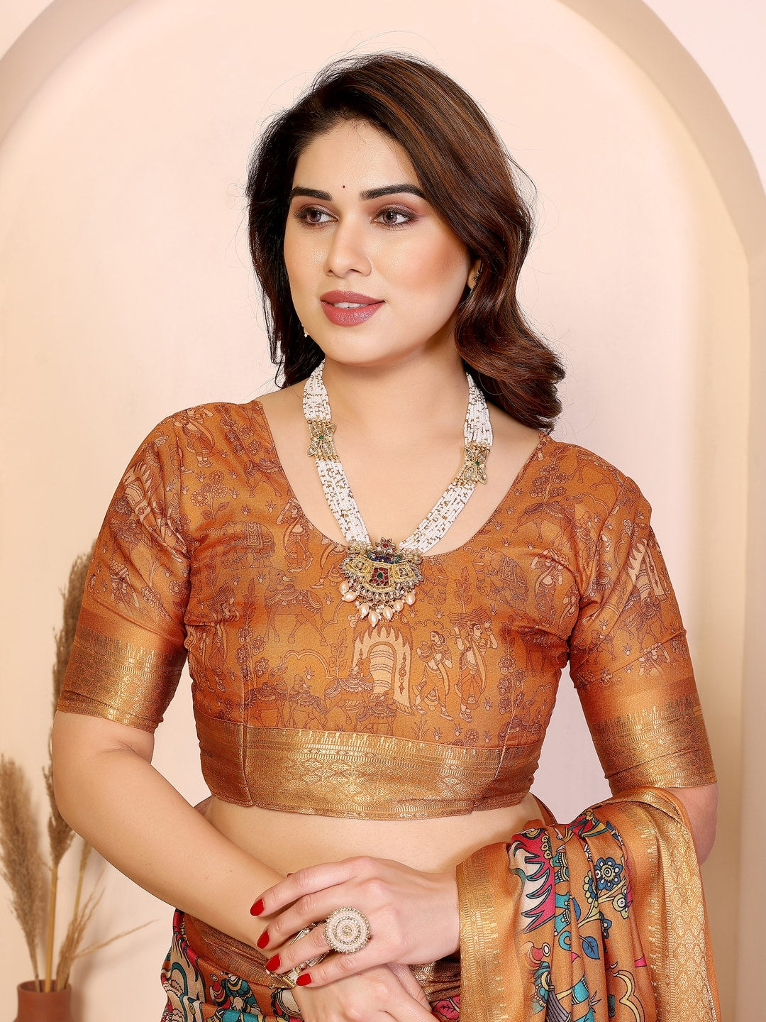 Peachmode Mustard Cotton Silk Kalamkari Print Saree with Zari Border - Image 5