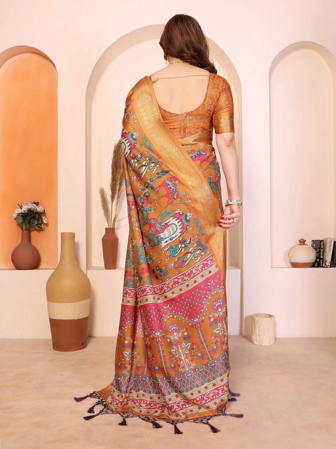 Peachmode Mustard Cotton Silk Kalamkari Print Saree with Zari Border - Image 6