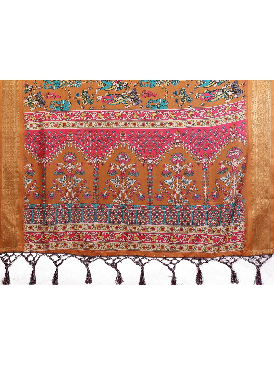 Peachmode Mustard Cotton Silk Kalamkari Print Saree with Zari Border - Image 7