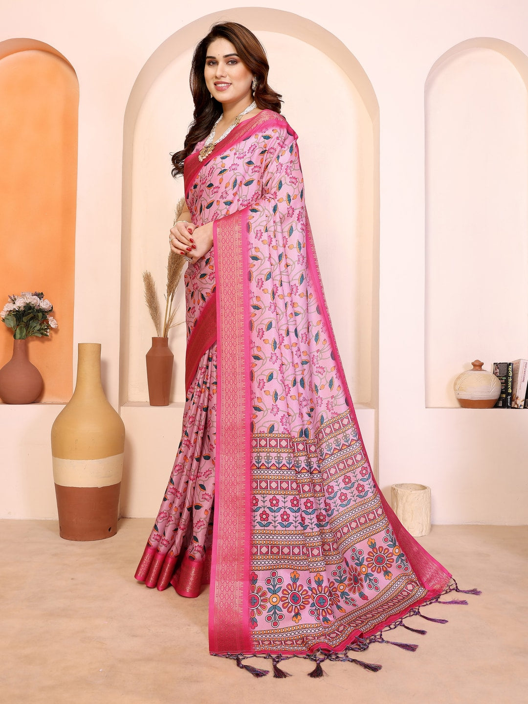 Peachmode Pink Cotton Silk Kalamkari Print Saree with Zari Border - Image 2