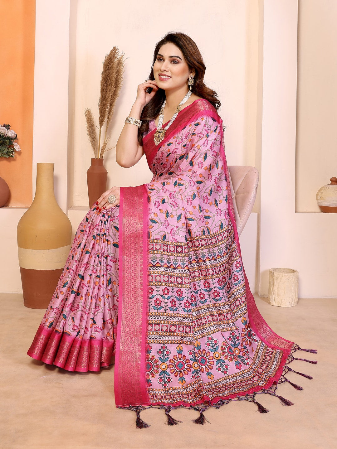 Peachmode Pink Cotton Silk Kalamkari Print Saree with Zari Border - Image 4