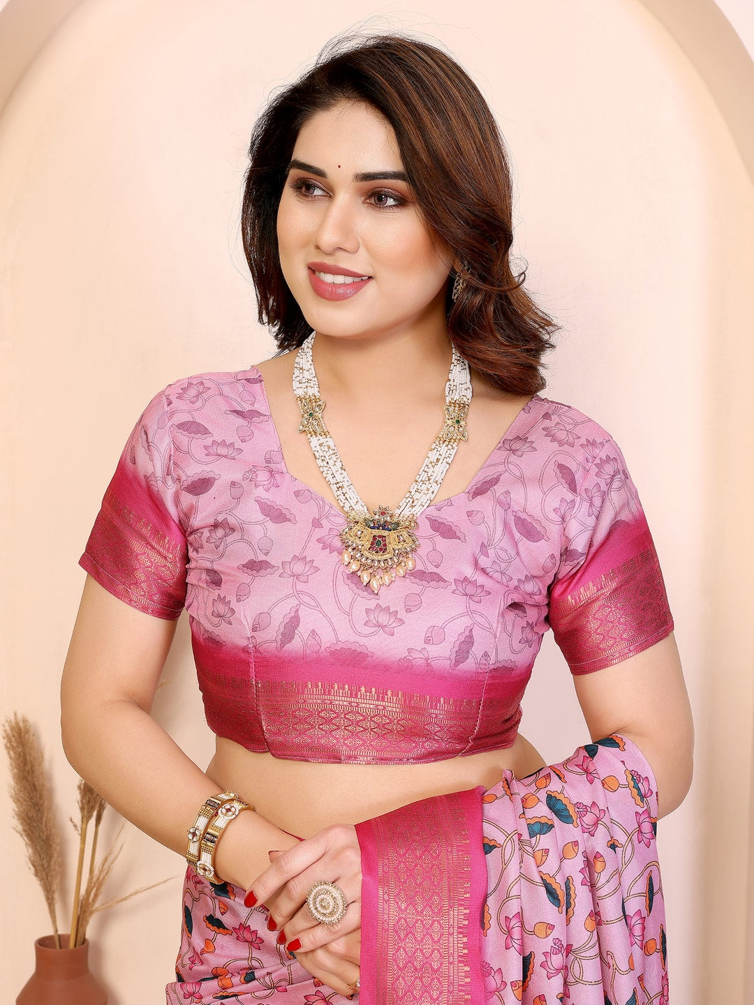 Peachmode Pink Cotton Silk Kalamkari Print Saree with Zari Border - Image 5