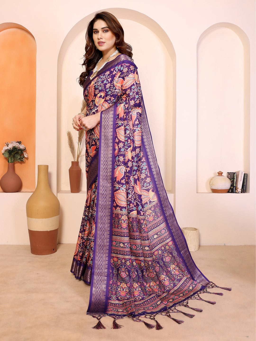 Peachmode Purple Cotton Silk Kalamkari Print Saree with Zari Border - Image 2