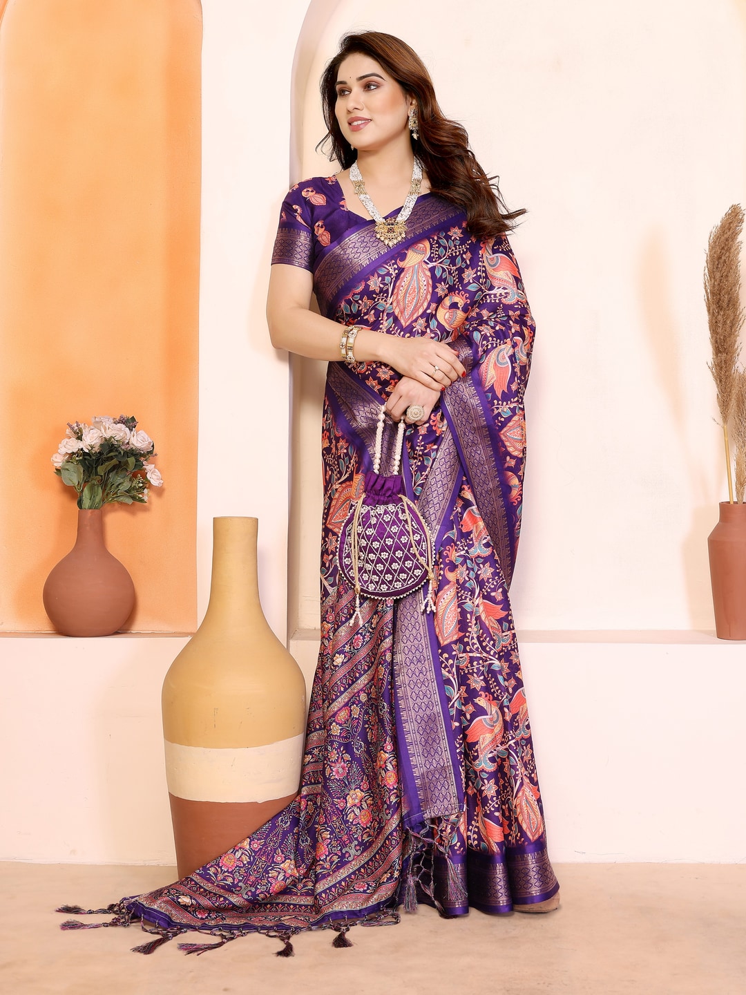 Peachmode Purple Cotton Silk Kalamkari Print Saree with Zari Border - Image 3