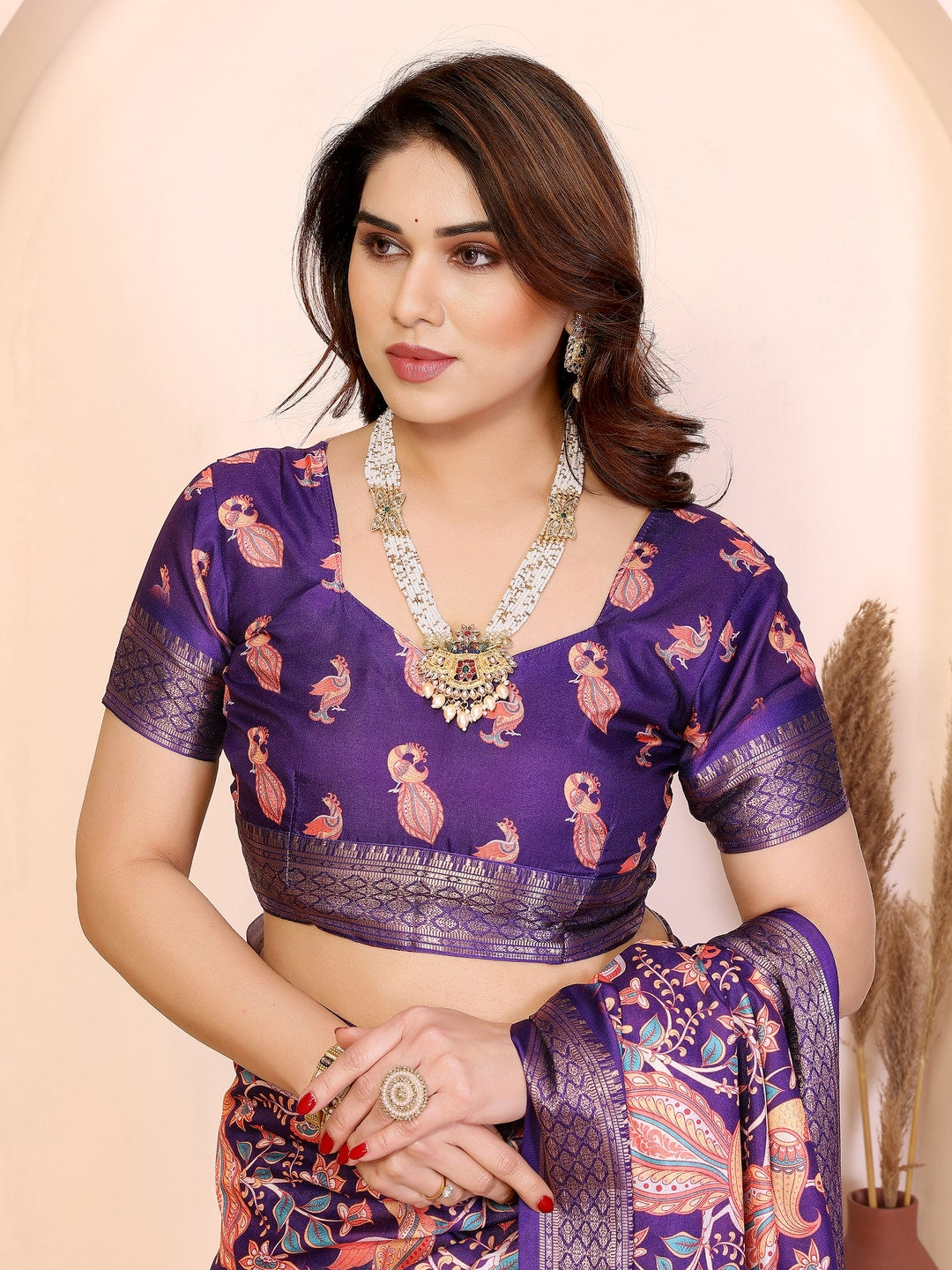 Peachmode Purple Cotton Silk Kalamkari Print Saree with Zari Border - Image 5