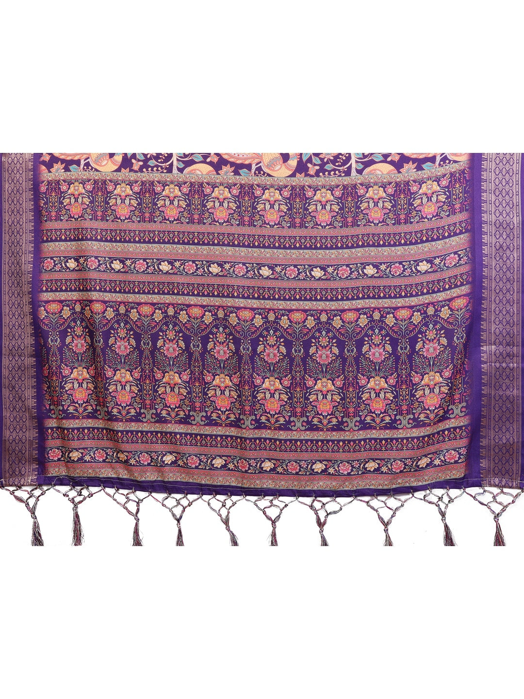 Peachmode Purple Cotton Silk Kalamkari Print Saree with Zari Border - Image 8